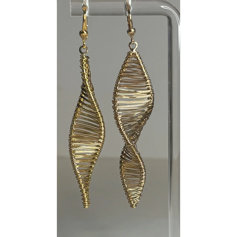 Wire Wrapped Spiral Drop Earrings Lever Back Gold Tone Statement Dangle 3.25